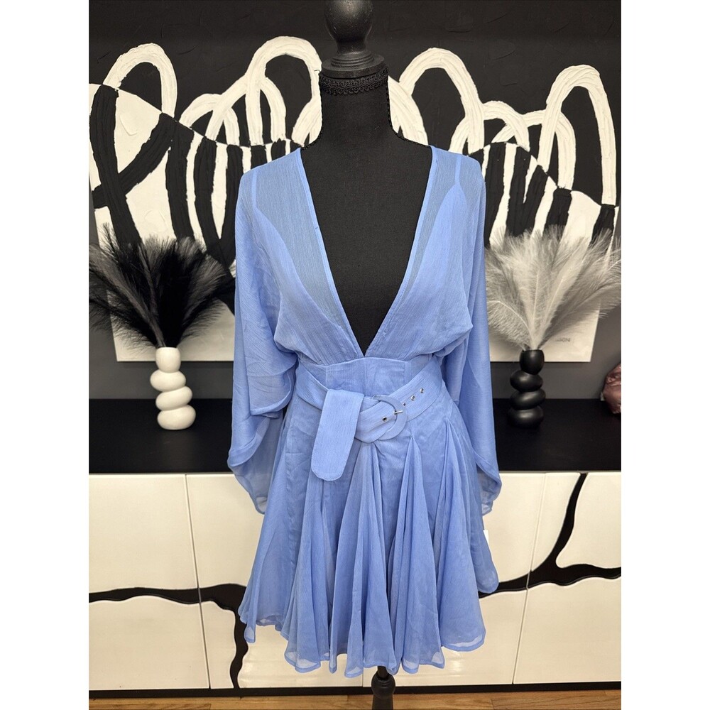 ASOS Design Blue Chiffon Mini Dress Womens 4 Plunge Neck Belted NWT